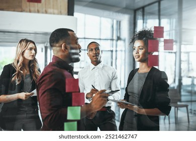 Sticky notes, corporate and discussion of group, office and collaboration of employees for stock market. Brainstorming, trader and people with ideas, ambitious and planning for investment opportunity