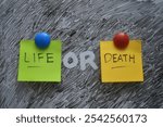 Sticky notes labeled "Life" and "Death" on a textured black and white background, symbolizing a choice or decision between life and death