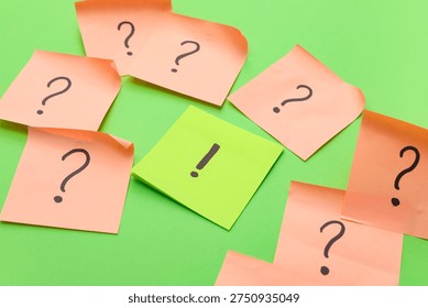 Sticky notes with question and exclamation marks on green background