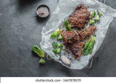 Sticky Pork Spare Ribs Top View, Copy Space