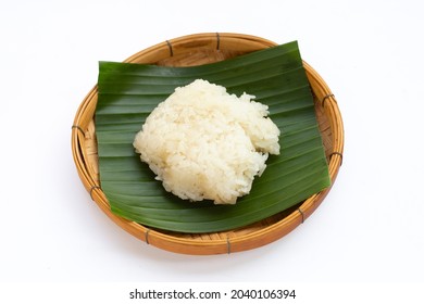 Sticky rice in bamboo basket on white background. 