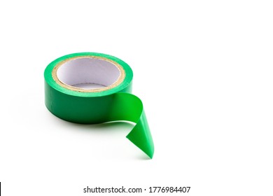 Sticky Scotch Duct Paper. Green Adhesive Torn Grunge Tape Roll Isolated On White Background. Strip Texture.