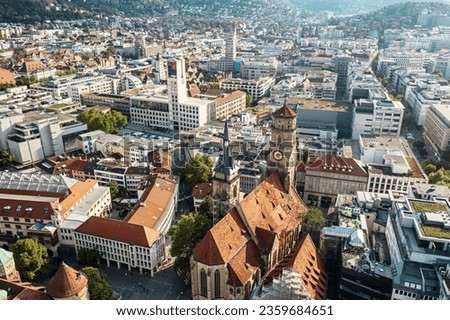 The Stiftskirche (Collegiate Church) is an inner-city church in Stuttgart, the capital of Baden-Wurttemberg, Germany. View from above with the town buildings