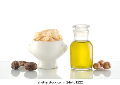 Still Life Of Argan Oil And Fruit And Shea Butter With Nuts