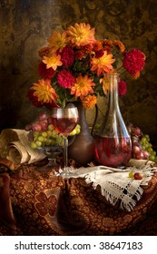  Still life and autumn flowers  grapes   wine