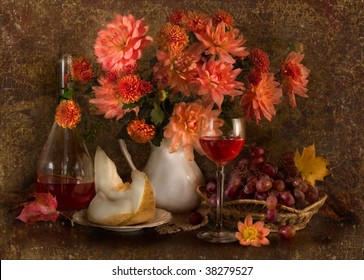 Still life and autumn flowers  melon  grapes   wine