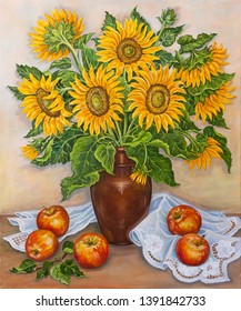 Still life    beautiful blooming sunflowers in vase table and fresh red apples from garden  Original oil painting 