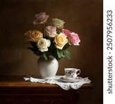 Still life with a beautiful bunch of roses and a cup of tea conveying atmosphere of love and peace