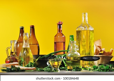 Still Life Of Bottles Of Vegetable Oil