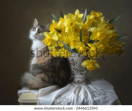 Still life with bouquet of yellow daffodils and pretty kitty