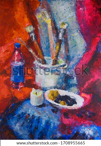 Still life with brushes and candle - impressionist painting
