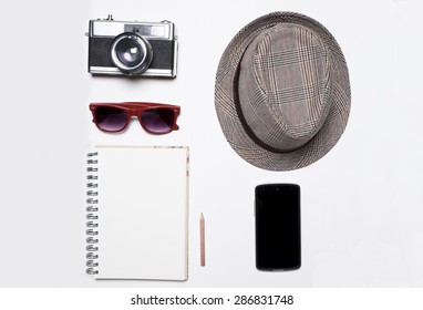 Still life of casual man. Hipster style on white background.