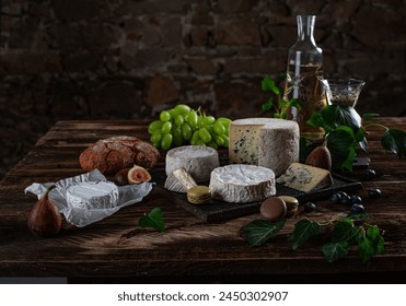 Still life with cheese, fruit, bread, wine, figs and ivy on an old wooden table. In front of an old stone wall. The light is dim, the view natural.