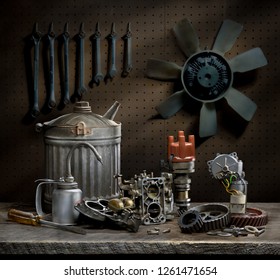 Still Life Composed Of Auto Parts, Tools, Oil Can, And Kerosene Can