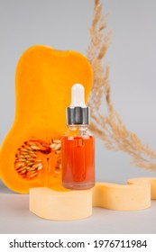 Still Life Composition With Dropper Bottle Of Natural Organic Cosmetics - Pumpkin Seed Oil Extract For Skincare Or Hair With Pumpkins And Plaster Models. Beauty Treatment, Spa Concept