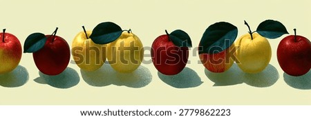 A still life composition featuring a row of ripe apples, some red and some yellow, with green leaves and distinct shadows.