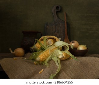 Still life with corn.  Raw corn . 