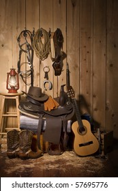 Still life of cowboy paraphernalia in the tack room of a barn
