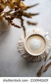 Still Life Cup Of Coffee And Decorative Dried Flowers In Vase Flatlay, Template