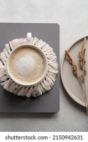 Still Life Cup Of Coffee And Decorative Dried Flowers In Vase Flatlay, Template