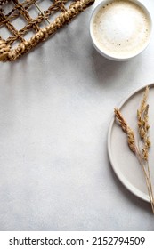 Still Life Cup Of Coffee And Decorative Dried Flowers In Vase Flatlay, Template