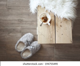 Still Life Details, Cup Of Coffee On Rustic Bench, Top View Point