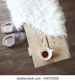 Still Life Details, Cup Of Coffee On Rustic Bench, Top View Point