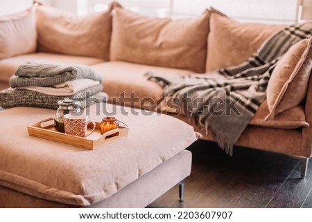 Still life details in home interior of living room. Knitted blanket and cup of tea with steam on serving tray on coffee table. Breakfast over sofa in morning sunlight. Cozy autumn or winter concept