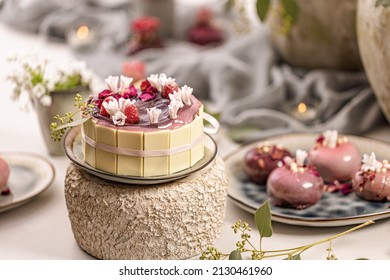 Still Life Of Fancy Dessert Table, Little Circle Cake And Mousse Cake