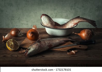 still life with fresh fish with onion and lemon - Shutterstock ID 1732178101