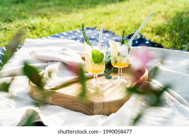 Still Life Of Fresh Summer Lemonade On The Picnic Plaid