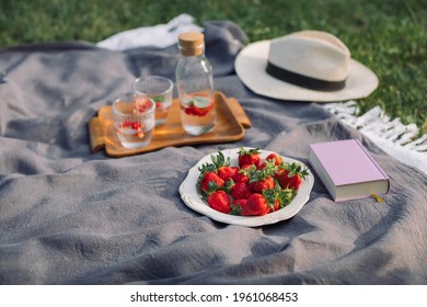 Still life with freshly picked berries, glasses of lemonade, summer hat, book on picnic blanket in the park. - Powered by Shutterstock