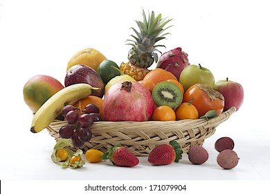 Still Life Of Fruit In Basket Isolated On White  Background