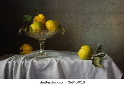 Still Life Of Fruit Bowl And Fruit Quince., Painting For Home Or Office, Decoration Of Dishes. Shot Using The 50 Mm Lens .