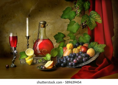 Still Life Fruit Colors Classic Dutch Style Of Painting Wine