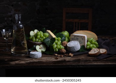 Still life fruit wine and cheese.  Apples and grapes. White wine poured in an old carafe.  An old wooden table and chair against a dark background of an old stone wall.