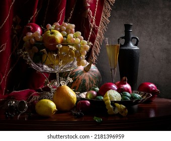 Still life and fruit   wine dark background 