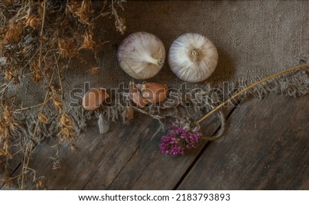 Similar – Image, Stock Photo Bunch of garlic with kitchenware on wooden background