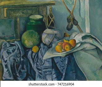 Still Life with a Ginger Jar and Eggplants, by Paul Cezanne, 1893-94, French Post-Impressionism. The artist relaxed traditional rules of perspective, and integrated different visual viewpoints within