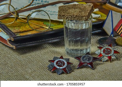 Still Life With A Glass And A Slice Of Brown Bread, Orders Of The Second World War On Canvas, Glasses And A Map