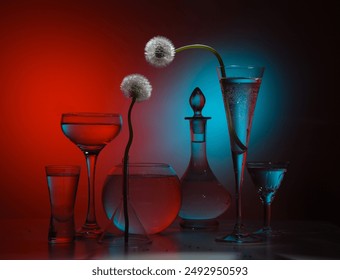 Still life with glassware and dandelions. - Powered by Shutterstock