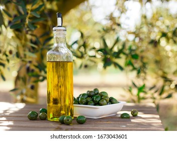 still life with green olives and oil on table in olive grove - Shutterstock ID 1673043601