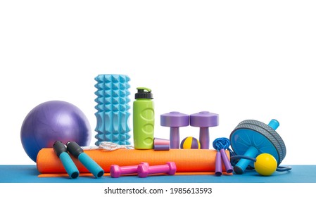 still life of group sports equipment for womens , on white background, isolated. Fitness concept - Shutterstock ID 1985613593