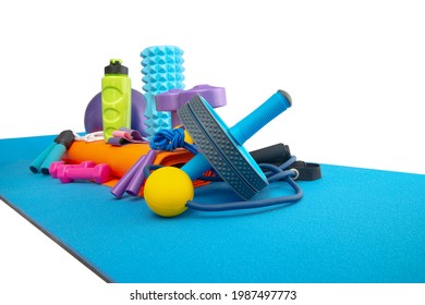 still life of group sports equipment for womens , on white background, isolated. Fitness concept - Shutterstock ID 1987497773