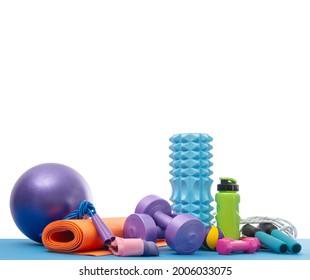 still life of group sports equipment for womens , on white background, isolated. Fitness concept - Shutterstock ID 2006033075