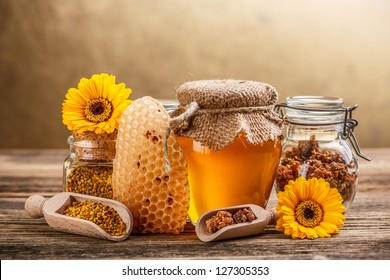 Still Life With Honey, Honeycomb, Pollen And Propolis