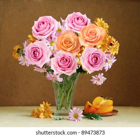 Still Life With Huge Bunch Of Autumn Flowers And Roses And Fruits