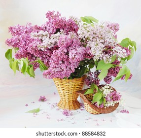 Still Life With Huge Bunch Of Lilac And Lily Of The Valley Flowers On Painting Background