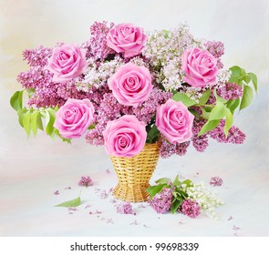 Still Life With Huge Bunch Of Roses, Lilac  Flowers And Lily Of The Valley Flowers On Painting Background