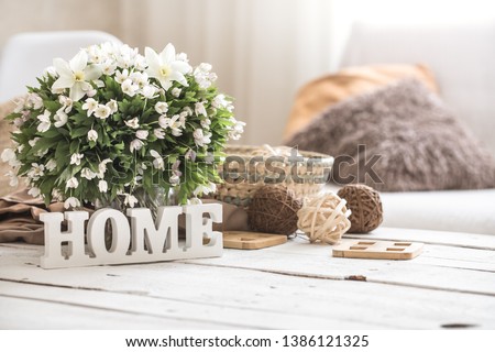 still life in the living room with wooden inscription home, the concept of home comfort Foto stock © 